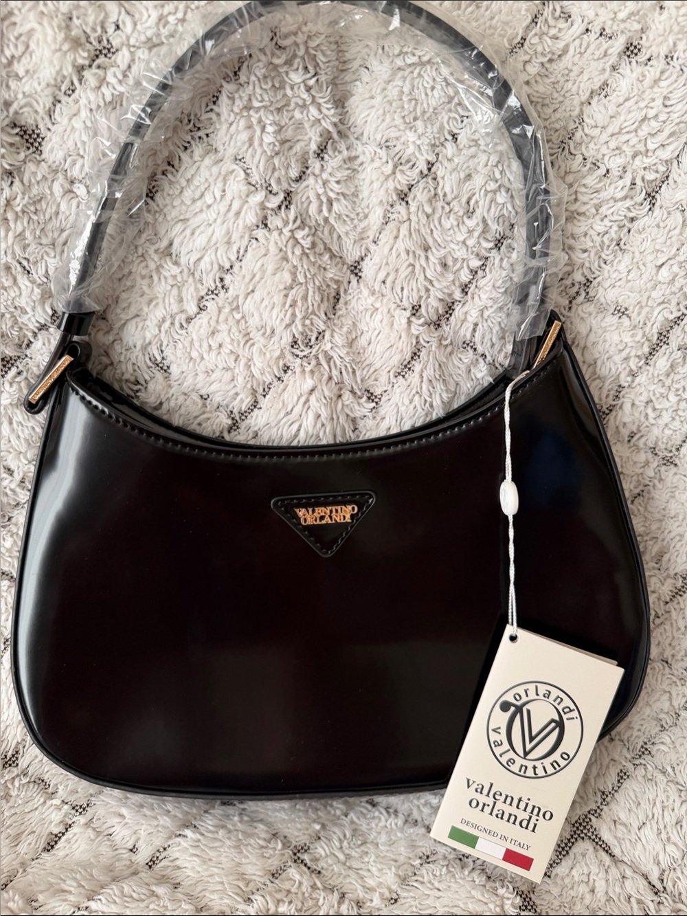 Valentino Orlandi Black Patent Shoulder Bag with Gold Logo